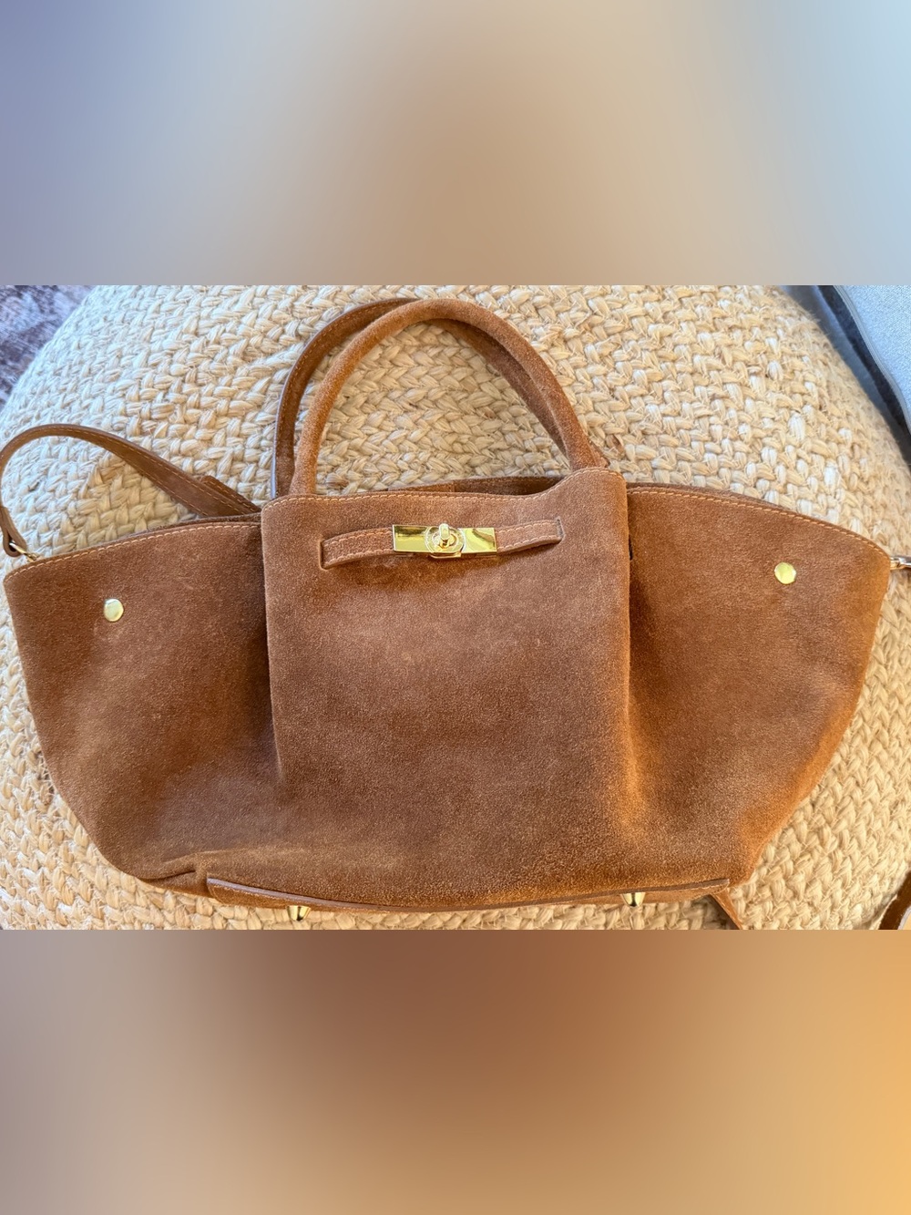 Suede Crossbody Tote in Brown with Gold Hardware